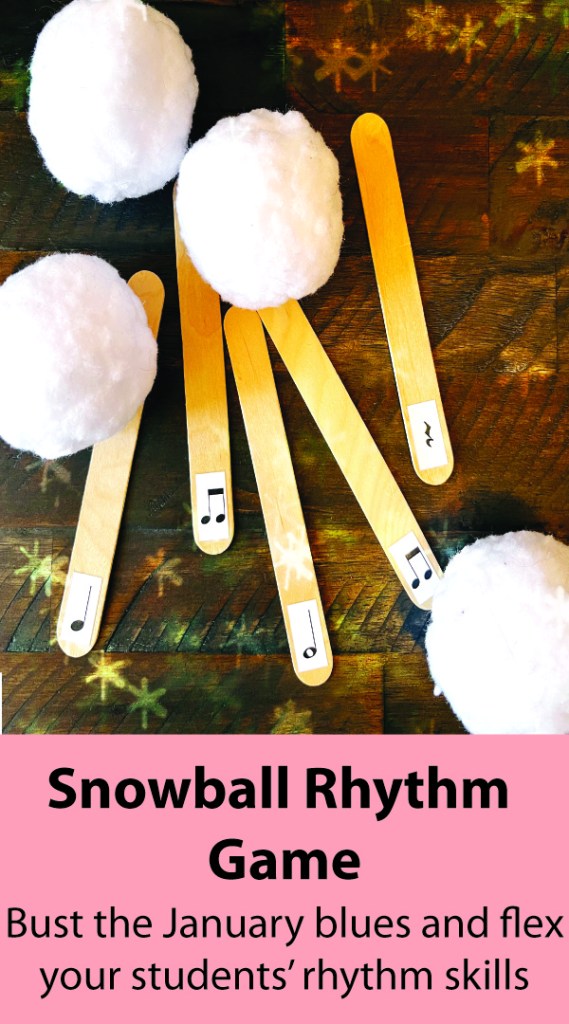 Four stuffed toy snowballs sit on a wood table with popsicle sticks that have rhythm notes written on them. They are used to play a game called Snowball Rhythm. The subtitle reads Bust the January blues and flex your students' rhythm skills.