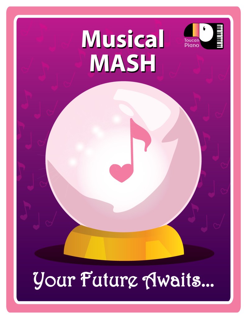 A crystal ball with a pink eighth note in the shape of a heart at its center sits on a purple and pink background with heart shaped notes floating around it. It is the cover of a note reading game called Musical Mash.