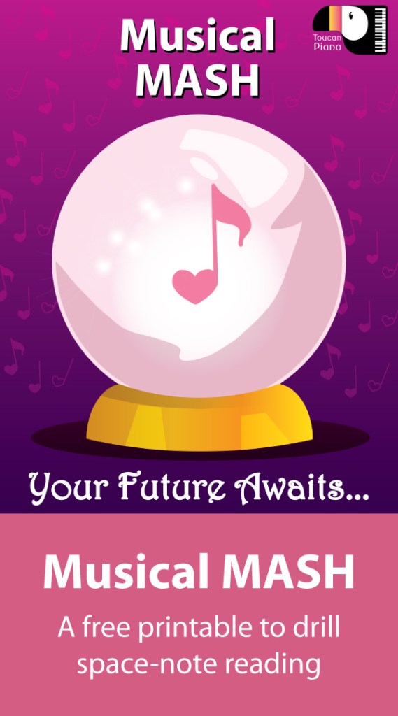 A crystal ball with a heart shaped music note at its center sits atop a purple and pink background. The crystal ball announces that a note-reading piano game called Musical MASH will predict your future.