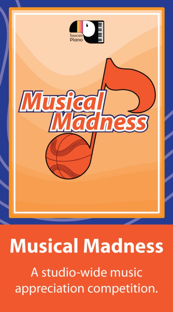 A musical note, the eighth note, has been transformed to look like a basketball. It is the logo for a studio-wide music appreciation competition called Musical Madness.
