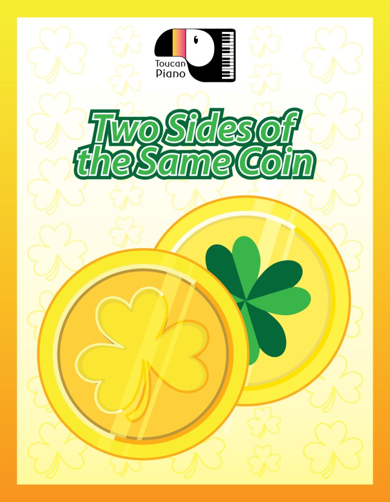 Two gold coins with clovers on their faces sit on a background of gold clovers. It is the cover of a game about musical sharps, flats and enharmonics called Two Sides of the Same Coin.