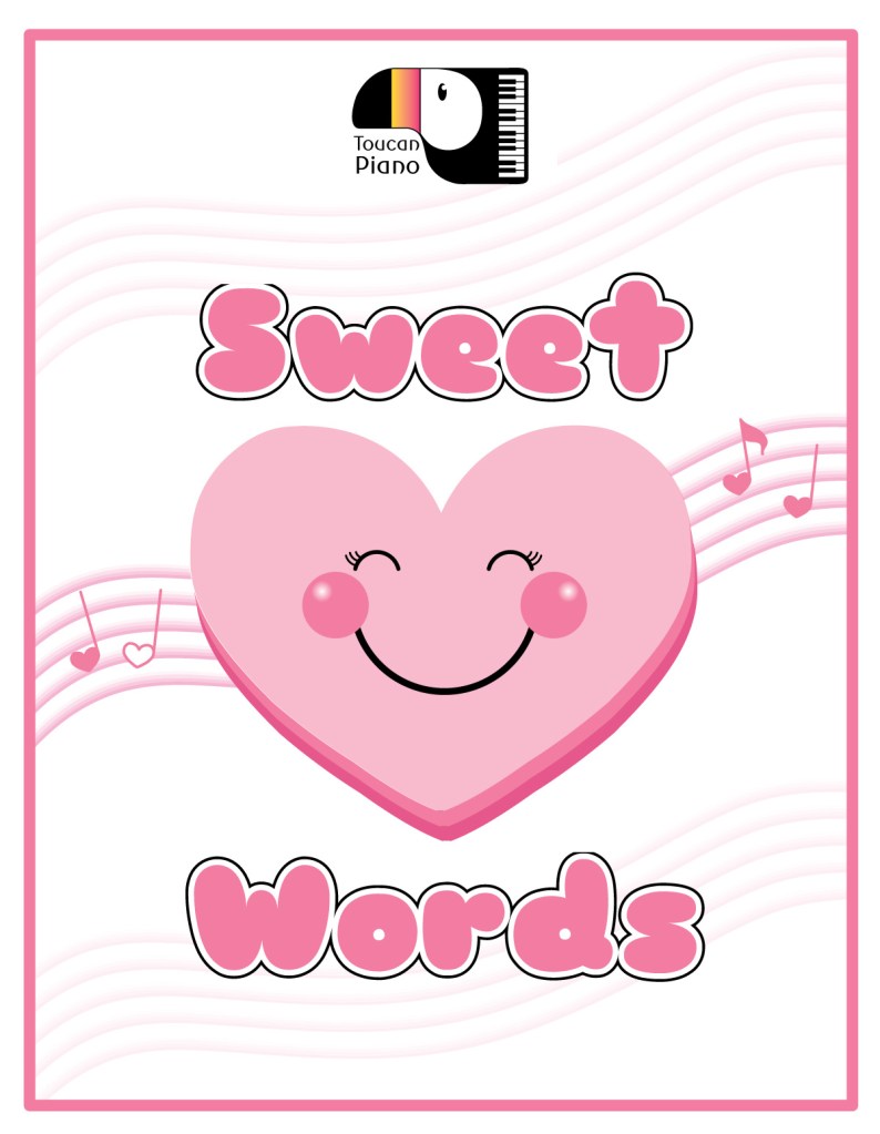 A pink smiling candy heart illustration sits on a background with music staff lines running across it. Heart shaped music notes float around the heart. It is the cover of a note-reading game called Sweet Words.