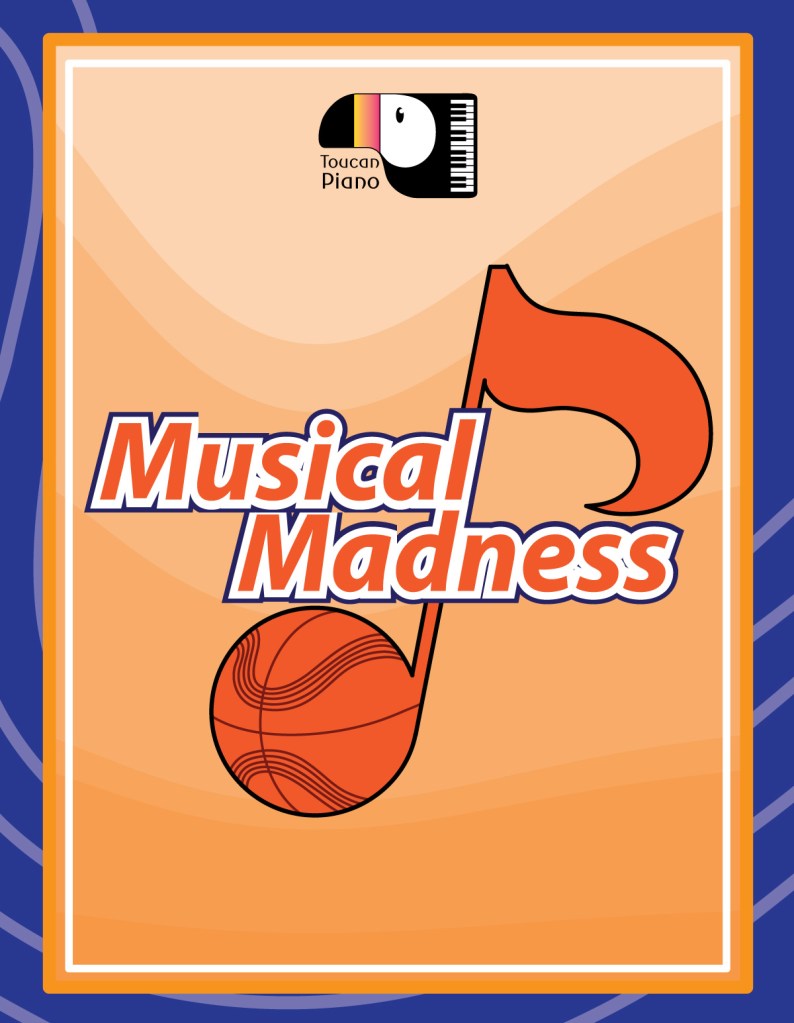 Basketball themed background in orange and blue with an eighth note illustration in the shape of a basketball. It is the cover of a music appreciation activity called Musical Madness.
