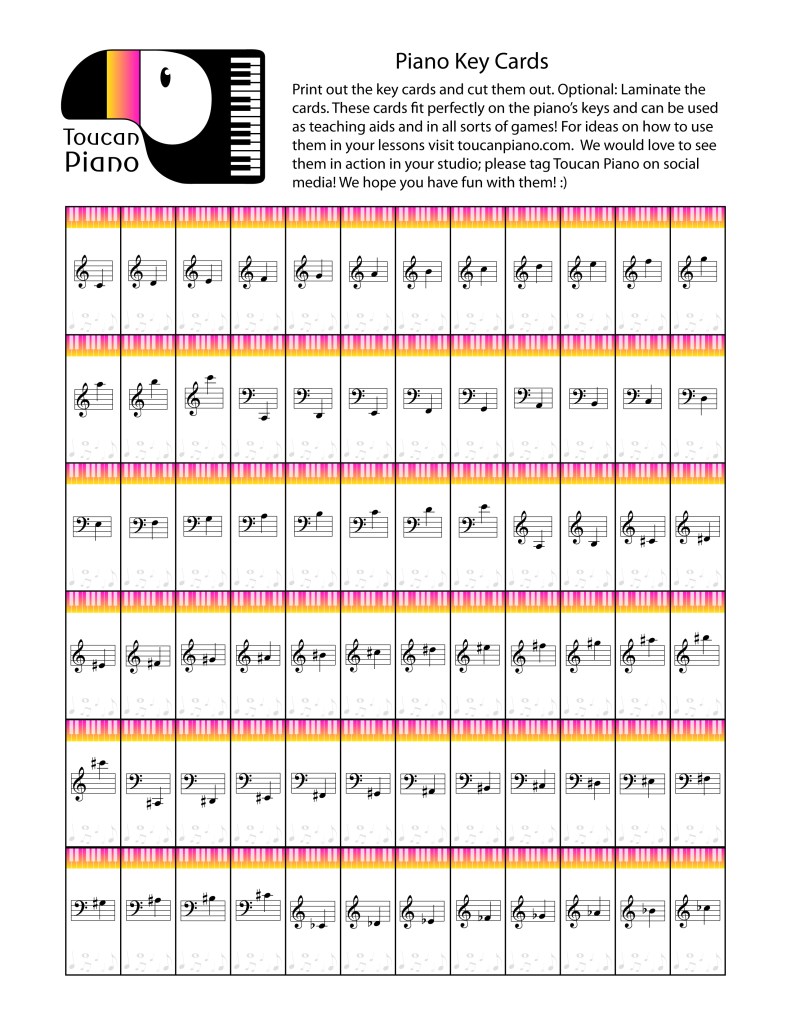 A piano fashioned into the shape of a toucan sits at the top left corner. Below are mini musical note flashcards. 