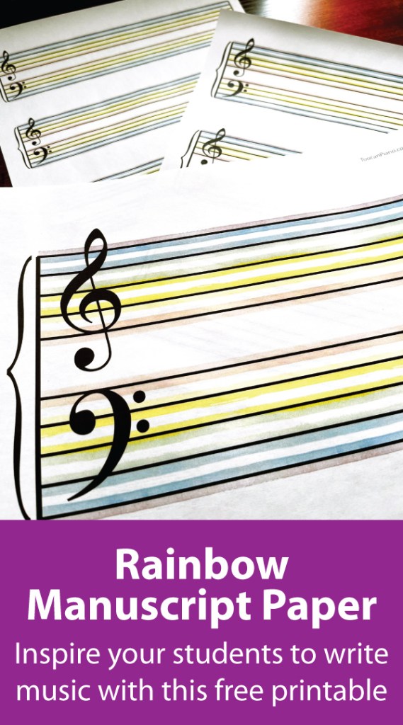 Blank grand staff manuscript paper has been colorized to resemble a rainbow.