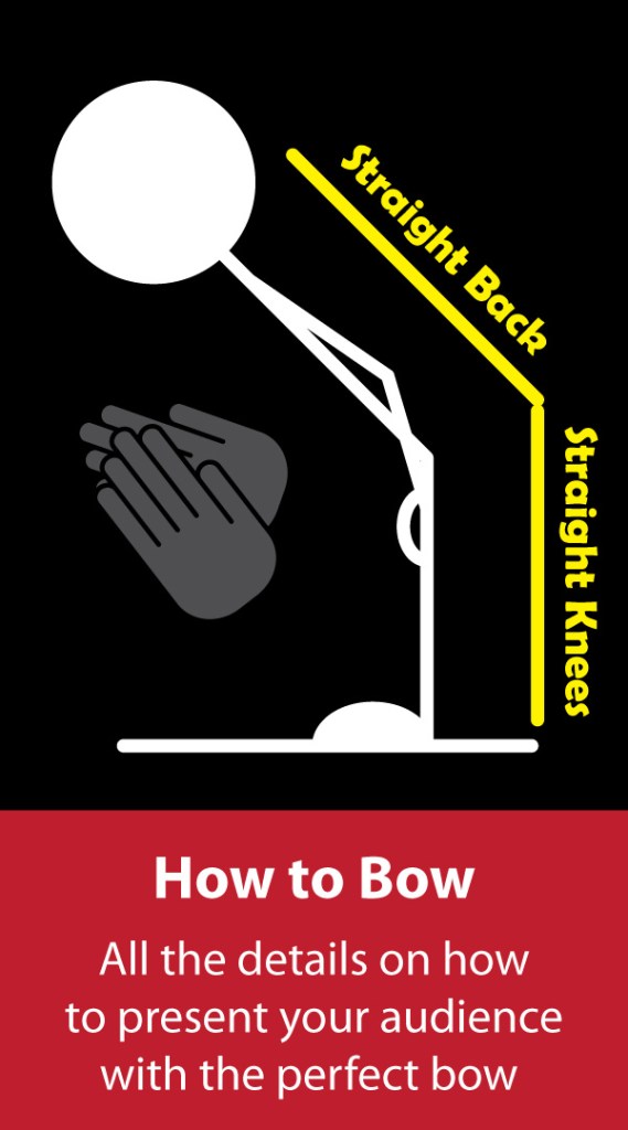 Stick figure shows the proper way to bow after a performance at a piano recital.