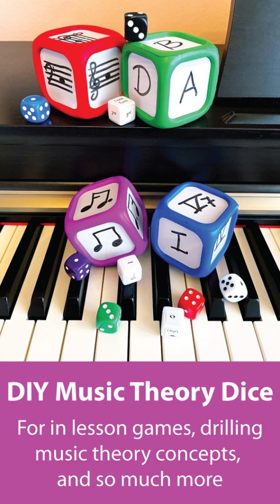 Music Theory Dice and colored dice sit on top of the keys of a piano. DIY Music Theory Dice are for use during piano lessons for games, drilling music theory concepts, and so much more.
