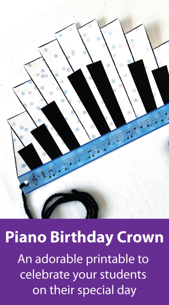 A piano birthday crown sits on a white table.