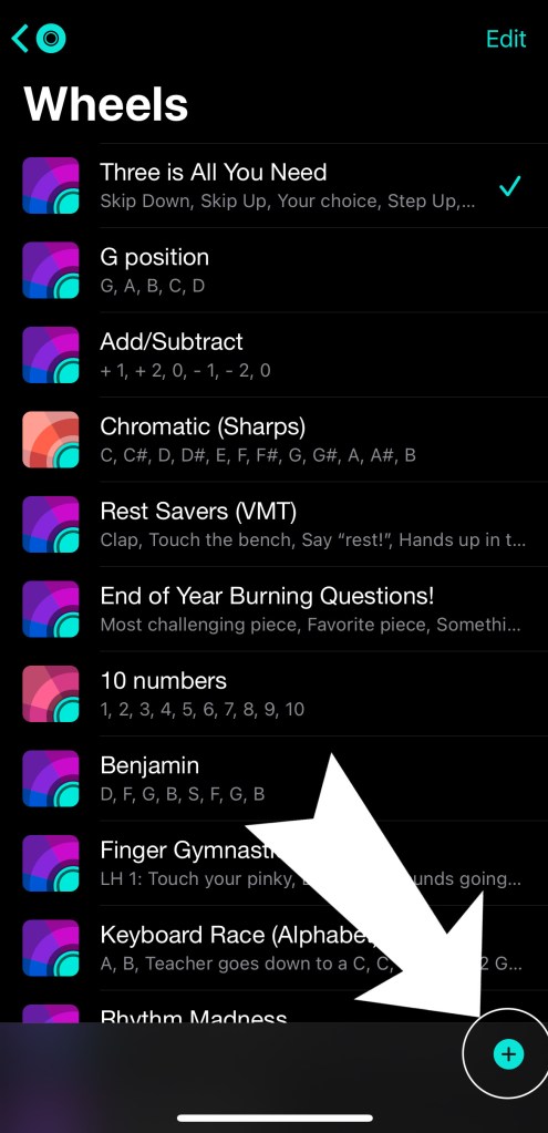A list of wheels of fortune. A white arrow points to the bottom where the user can create a new wheel.