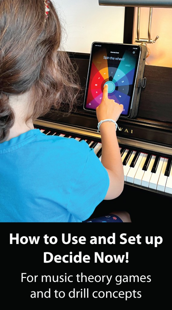 Piano students sits at the piano while using the Decide Now app to pick a musical key to play a song in.