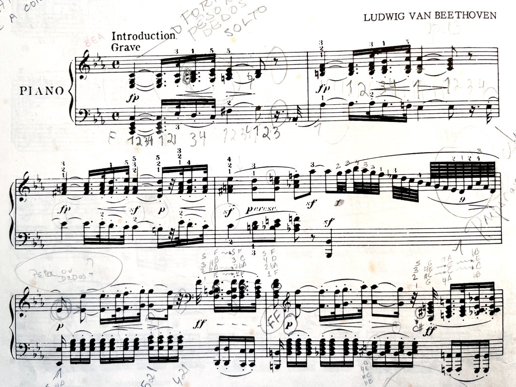 Music score with lots of penciled instructions for practicing the piece by Ludwig van Beethoven .