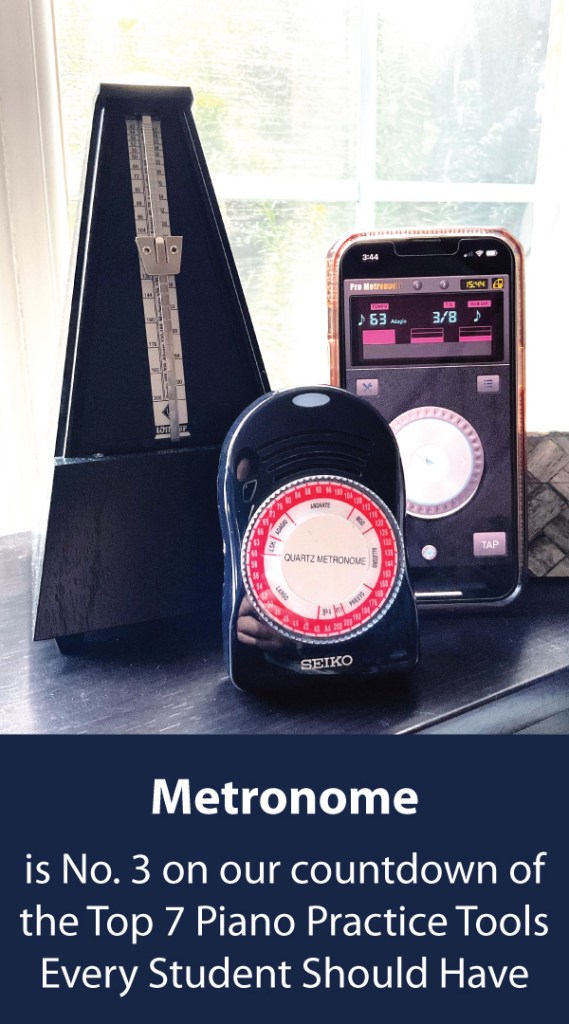 Three different types of metronomes sit on a piano.