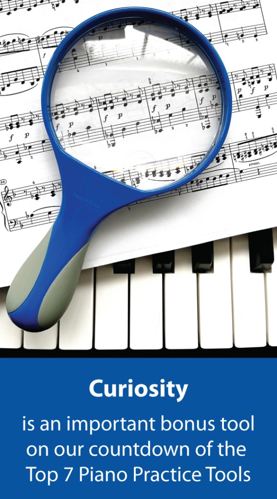 A blue magnifying glass sits on top of sheet music and a piano. The magnifying glass symbolizes curiosity when studying music.