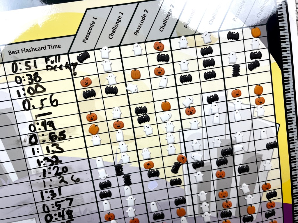 A poster has all the recorded flashcard times of students participating in the zombie pian-o-pocalypse. Bat, ghost and jack-o-lantern stickers were placed on the challenges the students won.