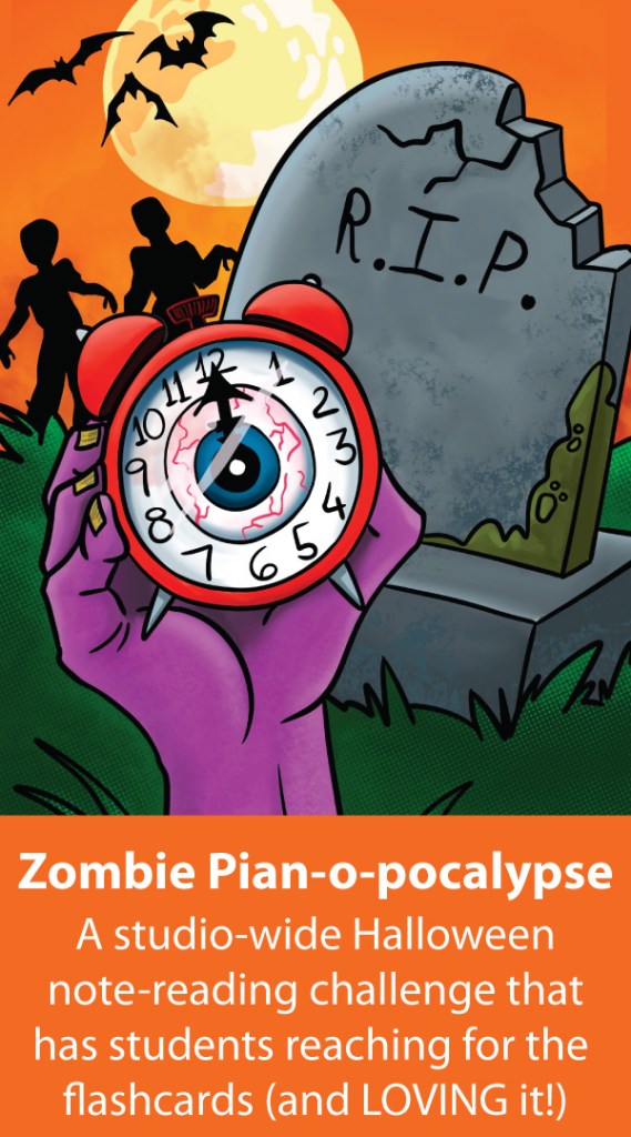 A zombie hand is emerging from a grave holding an alarm clock. Zombies walk in the background arriving for the zombie piano apocalypse.