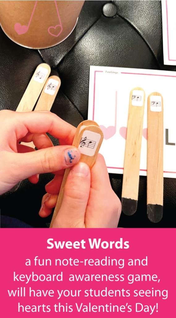 A piano student reads and sorts popsicle sticks with music notes on them to try to fill in the blank letters of a Valentine's Day themed word.