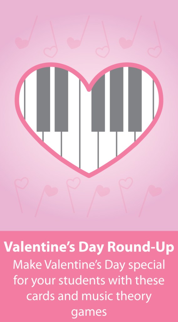 Piano keyboard inside a pink heart surrounded by pink heart shaped notes.