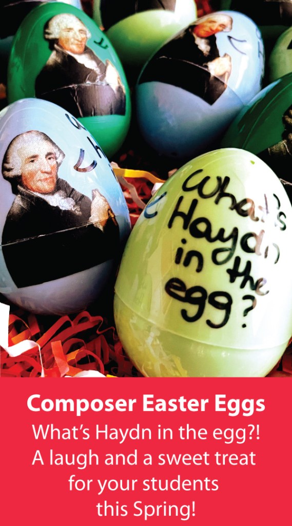 Easter eggs with pictures of classical music composer Joseph Haydn sit on a pile of fake pink grass. The egg has a pun that reads "What's Haydn in the egg?"