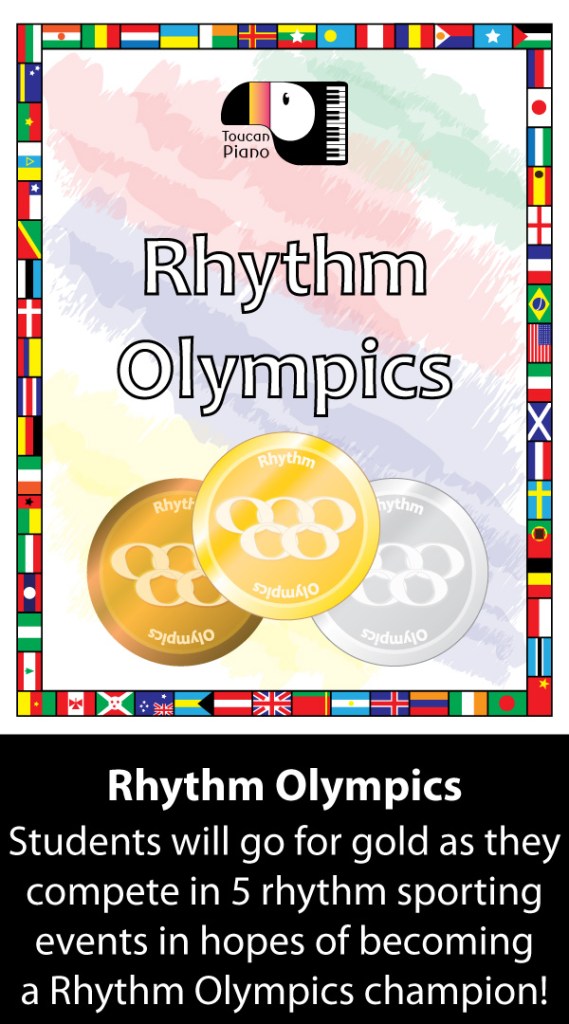 A frame of world flags surrounds  gold, silver and bronze medals of the Rhythm Olympics.