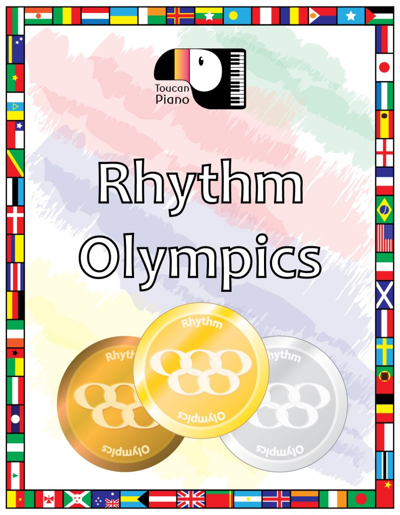 Rhythm Olympics cover with gold silver and bronze medals framed by world flags