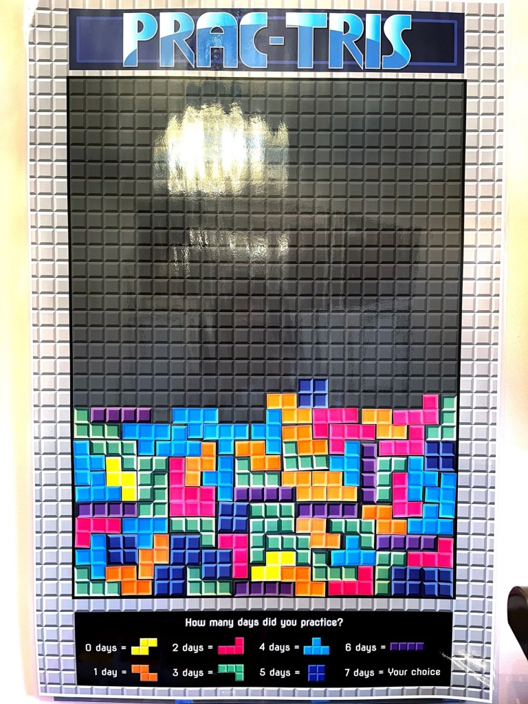 Progress picture 2 of the Prac-Tris poster being filled up by students' practicing.