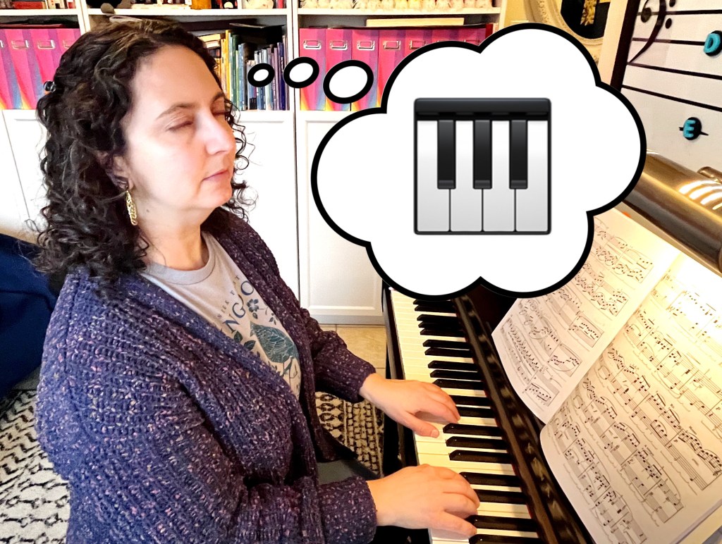 Piano student keeps eyes closed while visualizing the keys of the piano in her head.