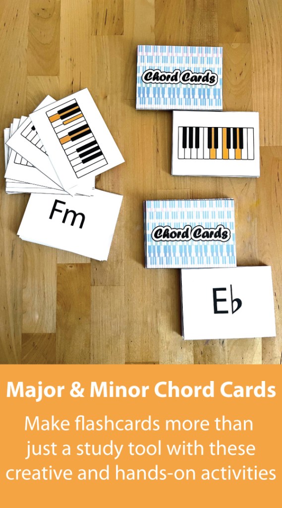 Major and minor chords cards lay on a table. The subtitle reads: Make flashcards more than just a study tool with these creative and hands-on activities