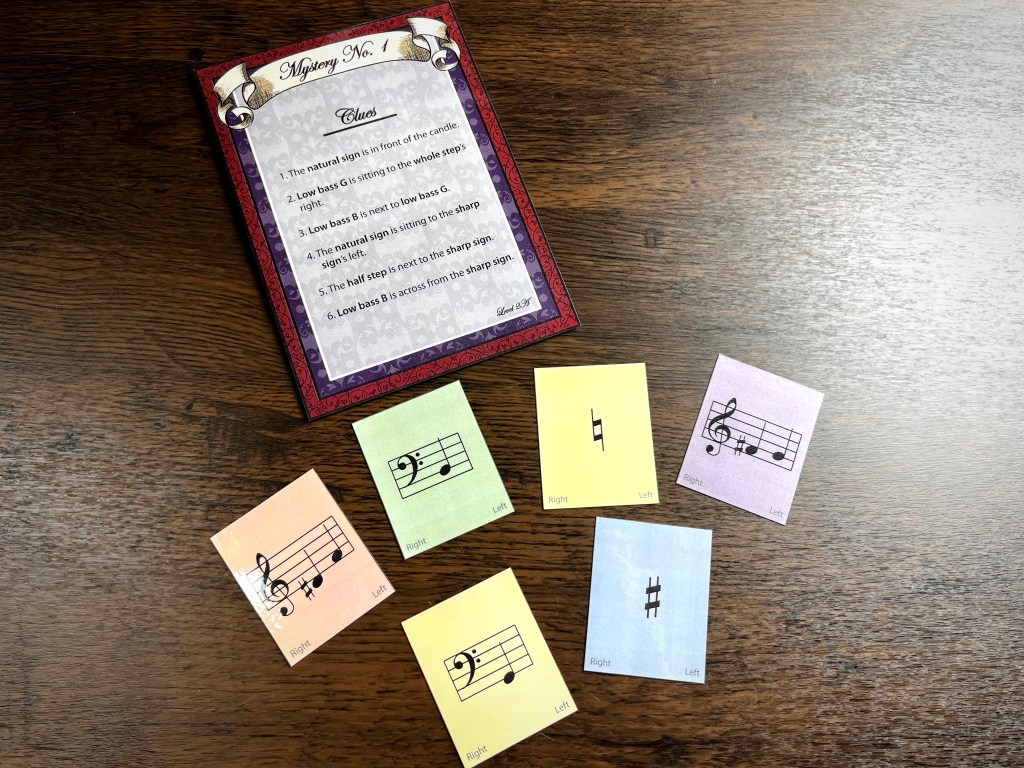 An image featuring a music mystery clue card with a list of musical hints, surrounded by colorful music note cards that display various musical symbols.