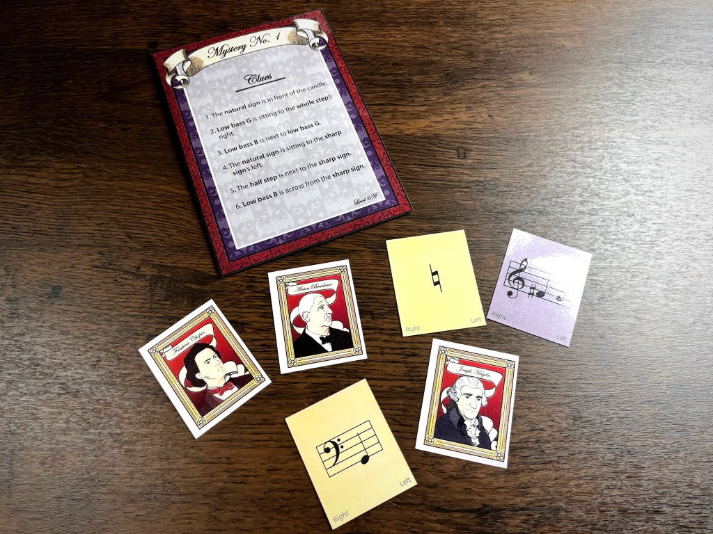 An image featuring a music mystery clue card with a list of musical hints, surrounded by colorful music note cards that display various musical symbols and composers Chopin, Haydn, and Bruckner.