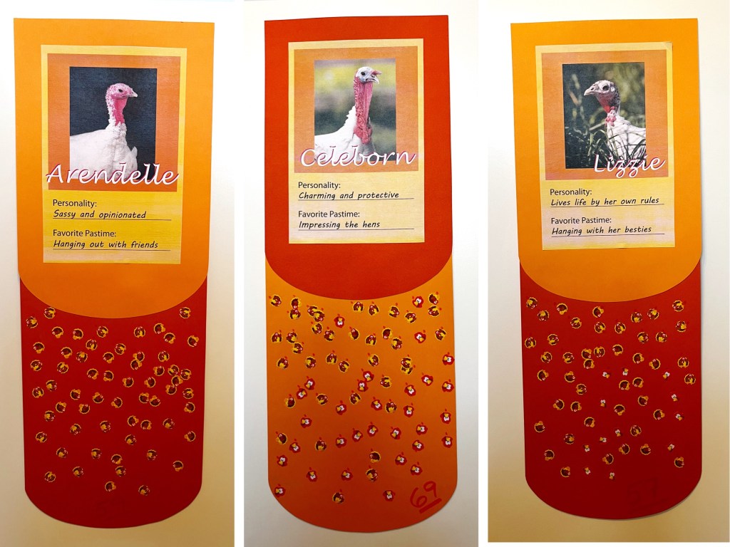 Three decorative cards featuring turkeys named Arendelle, Celeborn, and Lizzie. Each card includes a photo, personality traits, and favorite pastimes, set against a colorful orange and red background. Stickers representing votes are placed below the pictures of the turkeys.